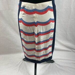 Worth New York Silk Skirt Coral Cornflower White Wave Scarf Border Print SZ 10